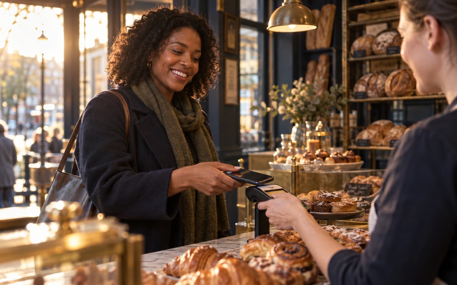 A member paying at a bakery counter with her phone