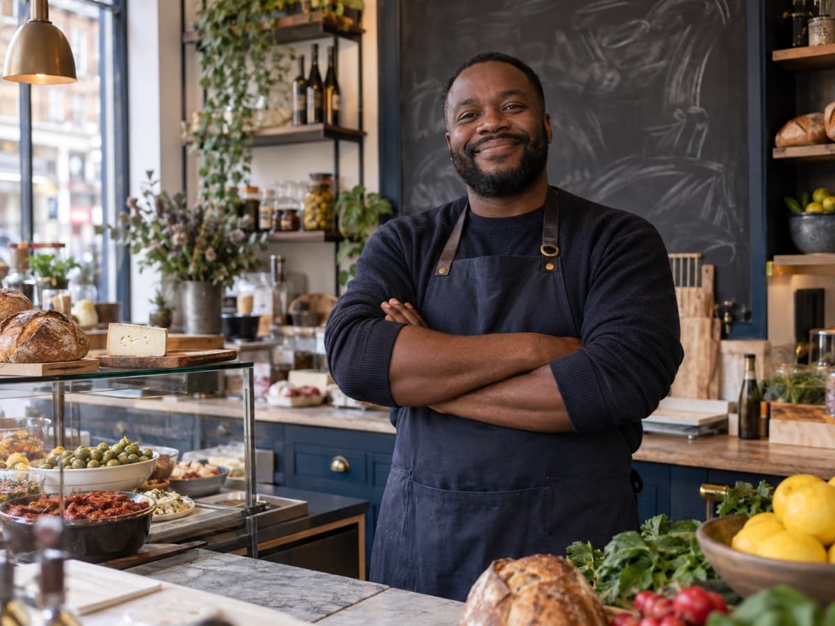 A shop owner behind the counter of a London deli